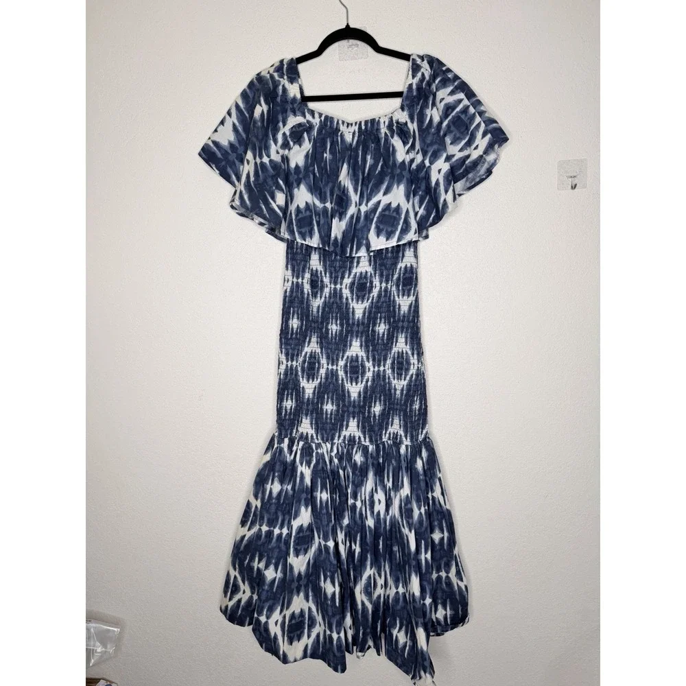 Ashro Maxi Dress Womens Size L Blue Cotton Smocked Tiered Spring‎ Summer